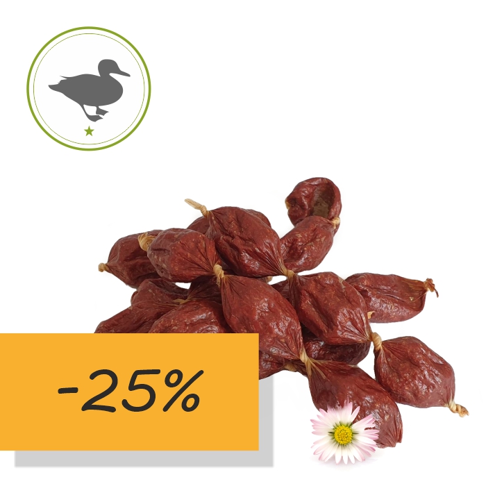 Mini Entenwürstl aus purem Entenfleisch mit Äpfeln & Kokosflocken verfeinert - Kauartikel für Hunde
